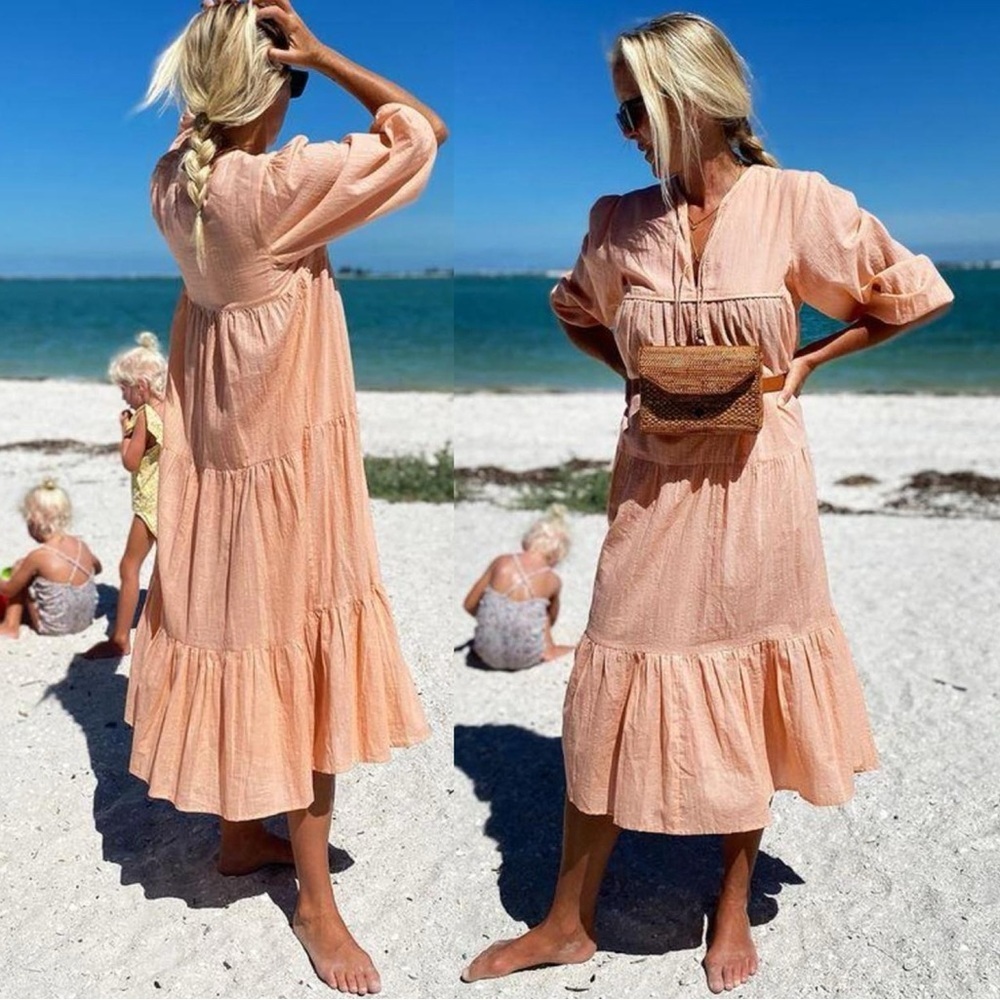 Emerson Fry India Collection Heirloom Lurex Stripe Cotton Midi Dress in Coral